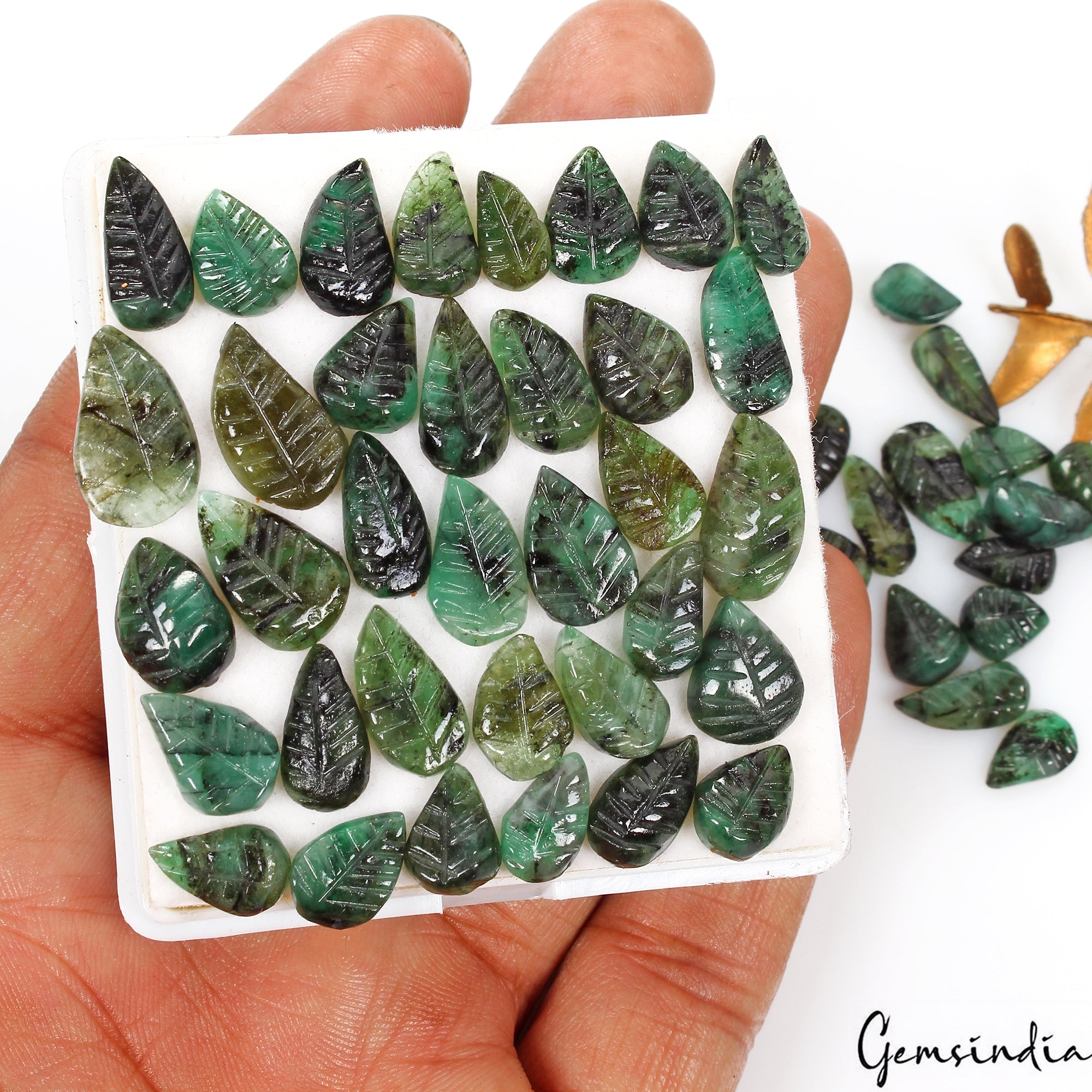 88.40 Ct/51 Pc Natural Green Brazilian Green Emerald Pear Leaf Carved Loose Gems