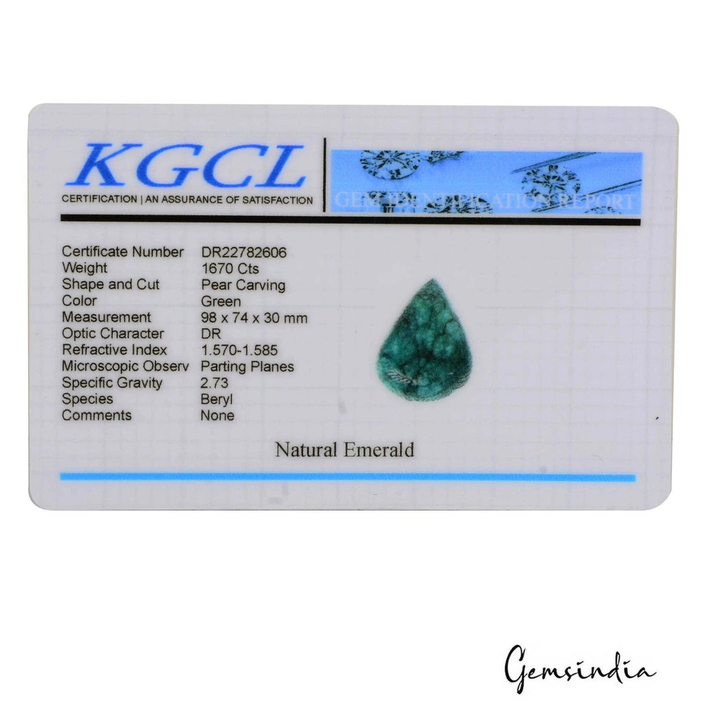 1670 Ct Natural Green Brazilian Emerald Pear Hand Carved Certified Loose Gems