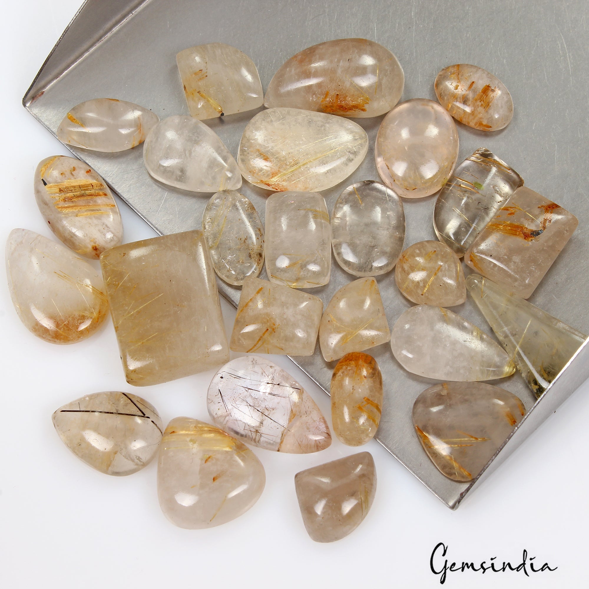 190 Ct/11 Pcs Natural Untreated Golden Wire Rutile Quartz Mix Cab Loose Gems Lot
