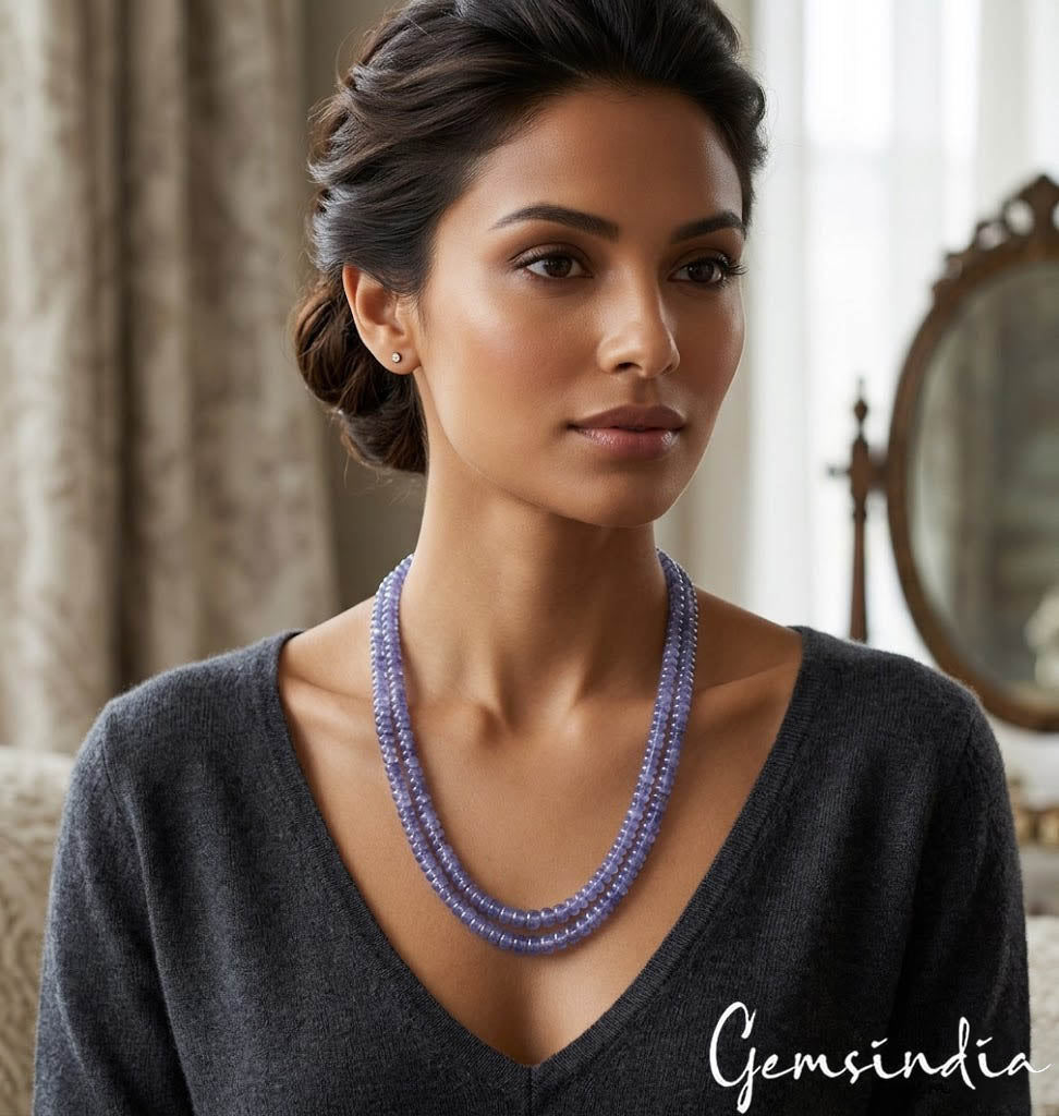 310 Cts Natural Blue Tanzanite Round Beaded Handmade Double Strand Necklace 21"