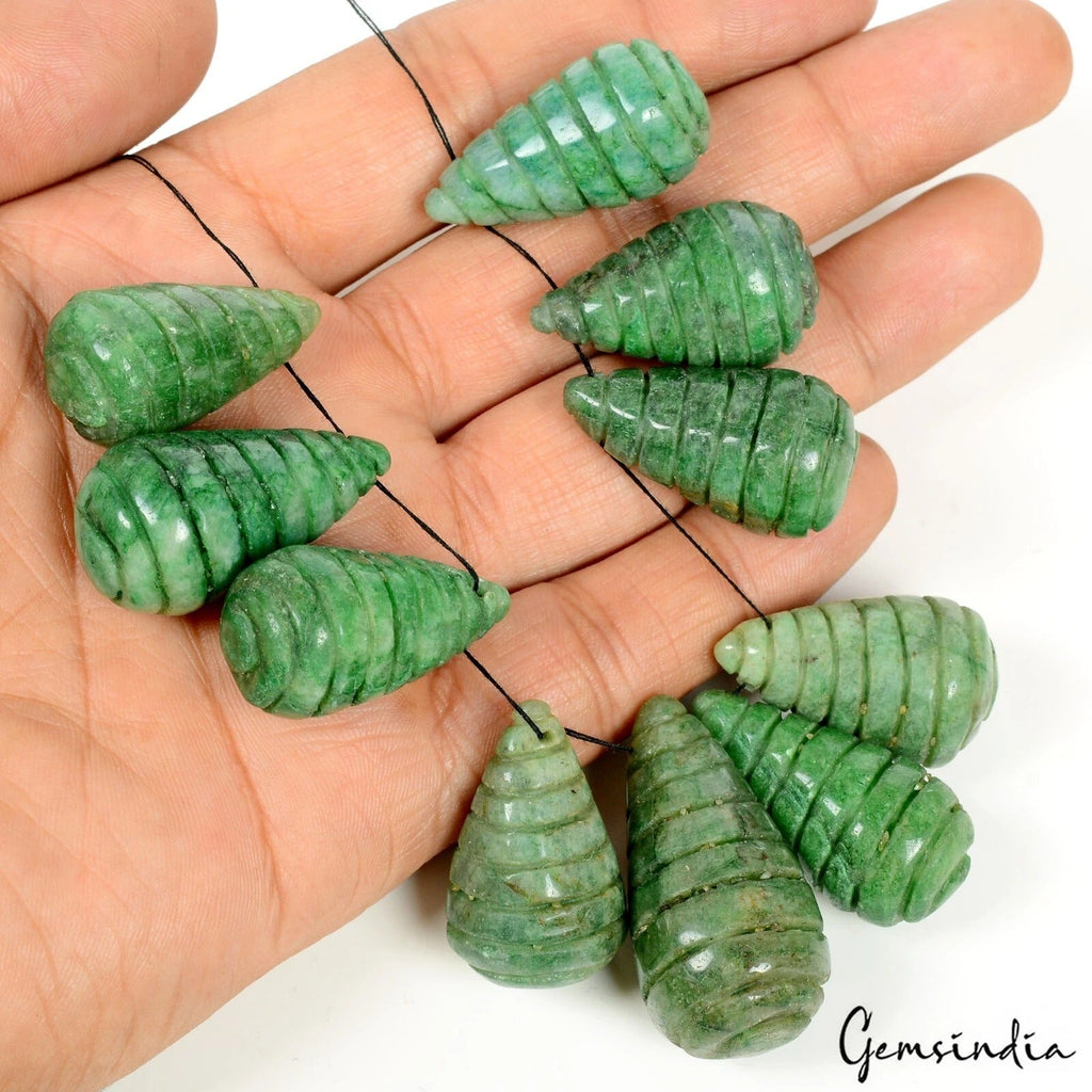 500 Ct/10 Pcs Natural Green Emerald Pear Carved Drill Bead Briolettes Loose Gems