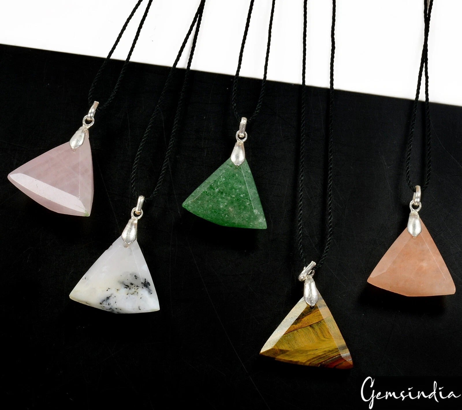 5Pc Natural Multi Gems Reversible Crystal Healing Trillion Shape Pendant Jewelry