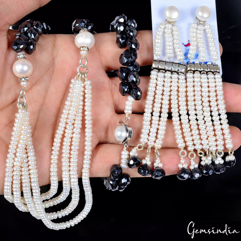675 Ct Natural Onyx Pearl Gemstone Beaded Handmade Necklace with Earrings ~25"