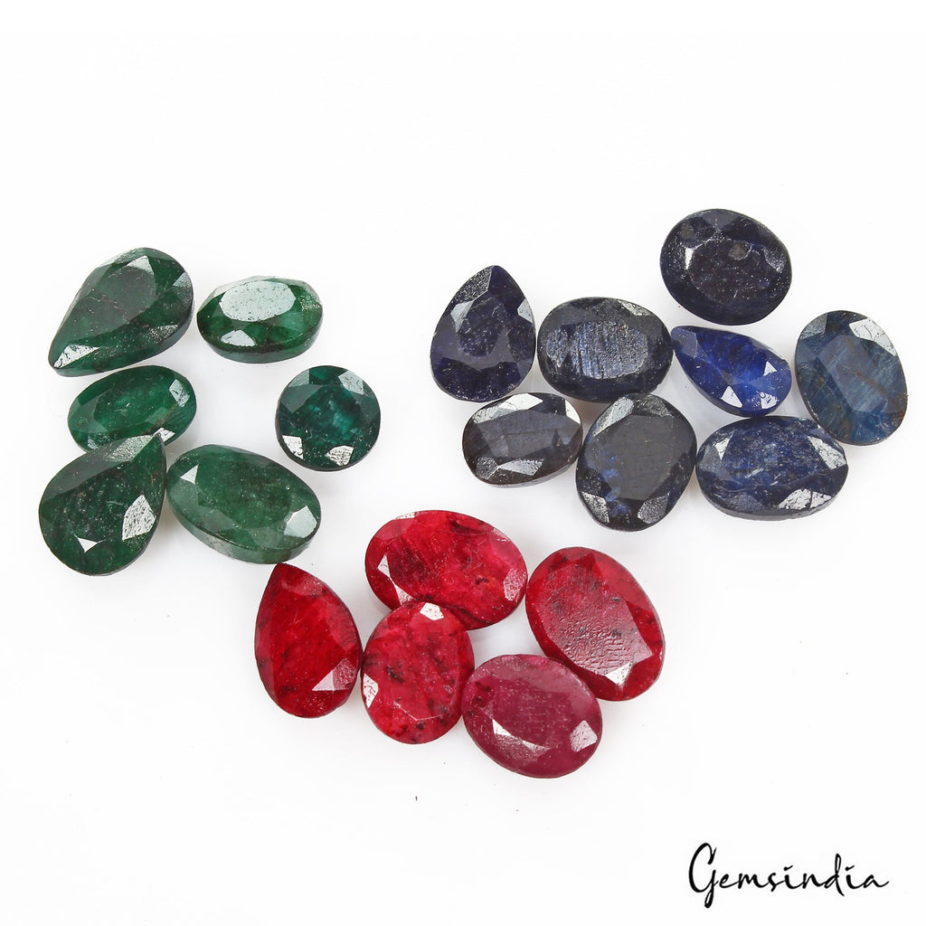 Certified 110 Cts/19 Pcs Natural Multi Color Emerald Ruby Sapphire Mix Cut Gems