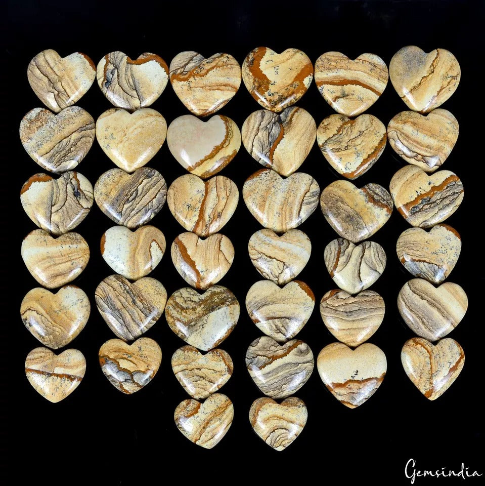 2500 Ct/38 Pcs Natural Untreated Picture Jasper Heart Cab Loose Gems For Jewelry