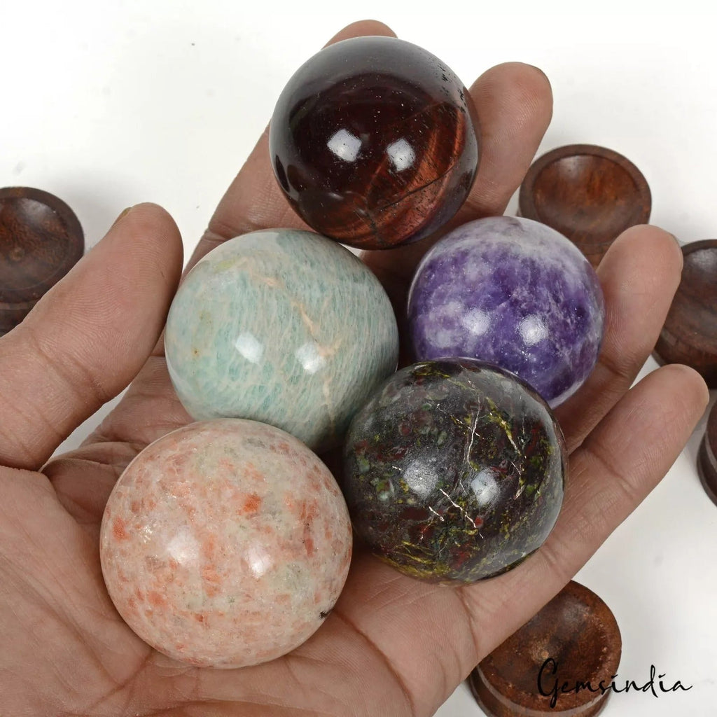 2240 Ct/5 Pcs Natural Untreated Multi Gems Healing Crystal Sphere Gem With Stand