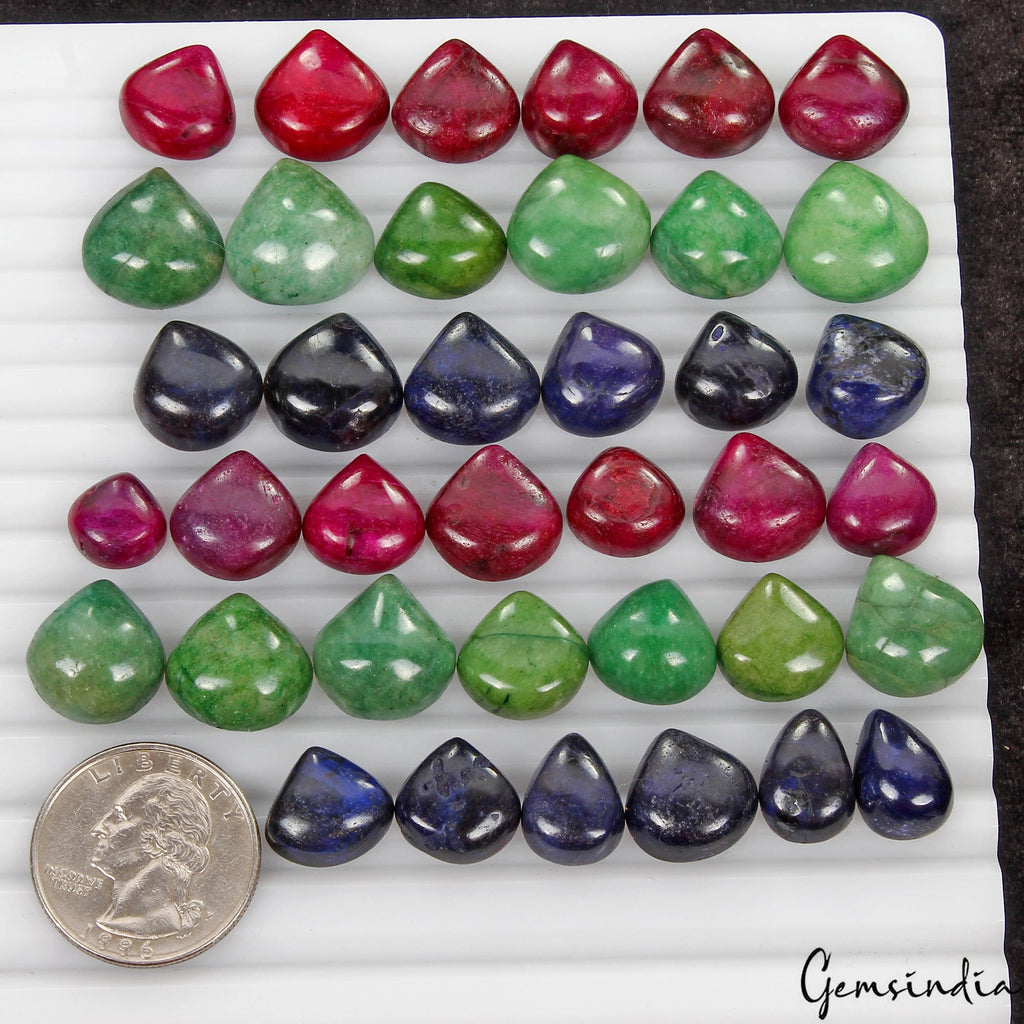 490 Ct Natural Ruby Emerald Sapphire Pear Cabochon Shape Loose Gemstones~ 38 Pcs
