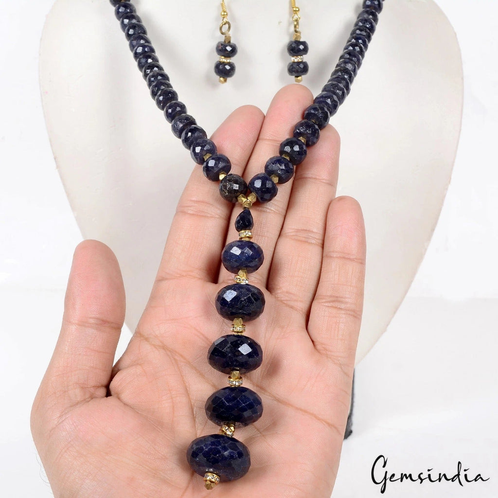 682 Ct Natural Dark Blue Sapphire Gems Round Faceted Beaded Handmade jewelry Set