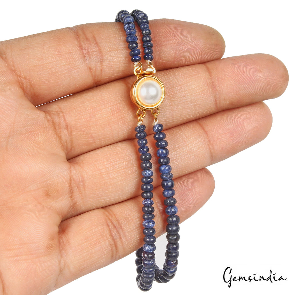 84.40 Cts Natural Blue Sapphire Round Cab Beaded Handmade Bracelet W Pearl Lock