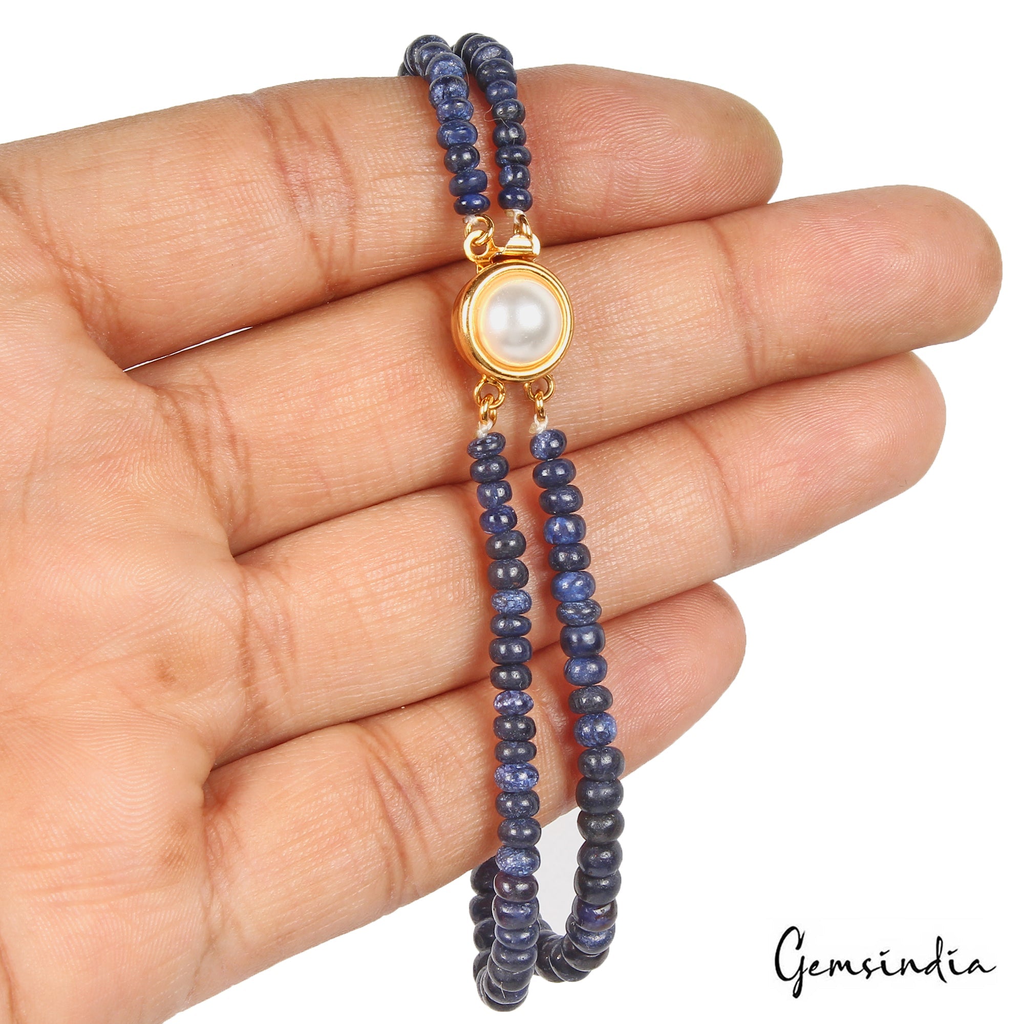 84.40 Cts Natural Blue Sapphire Round Cab Beaded Handmade Bracelet W Pearl Lock