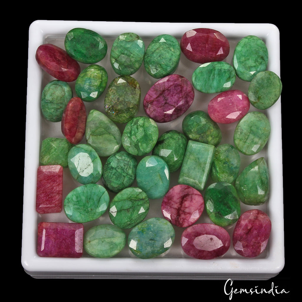 400 Cts/36 Pcs Natural Red Beryl Green Emerald Mixed Cut Loose Gems For Jewelry