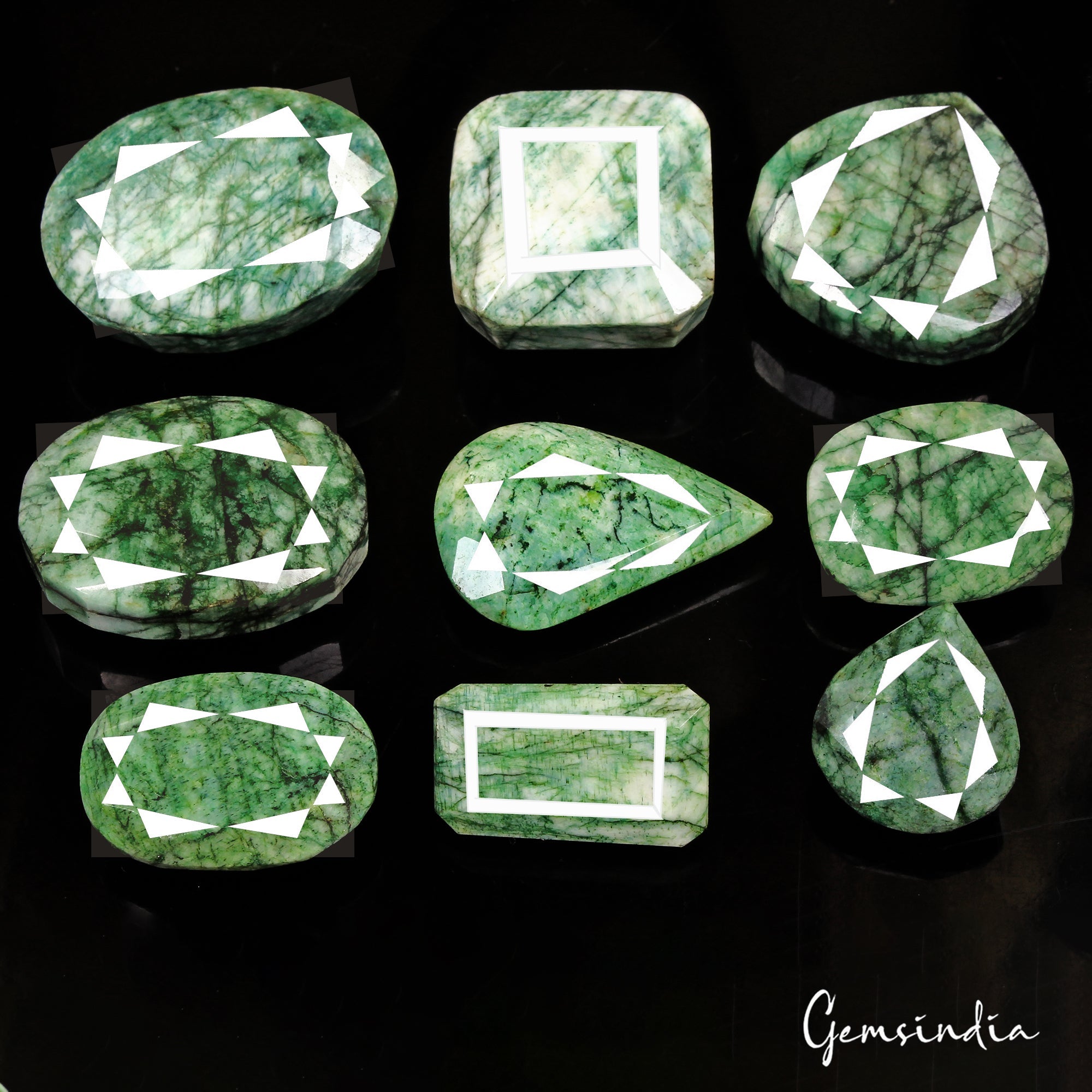 1400 Cts/9 Pcs Natural Green Emerald Mix Cut Loose Wholesale 29mm-48mm Gems Lot