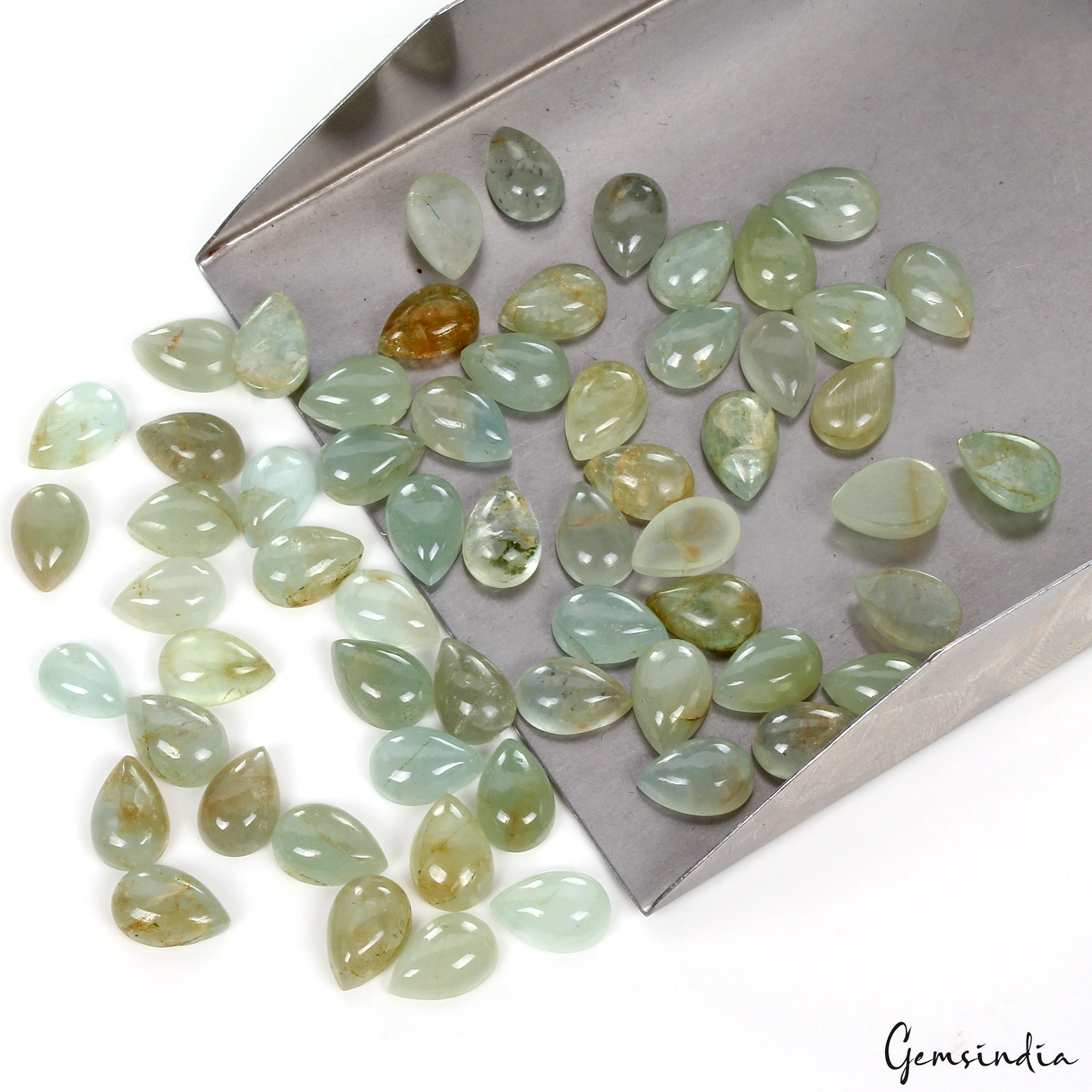 10-12mm Pear Natural Green Aquamarine Cabochon Untreated Loose Gemstone 60 Pcs
