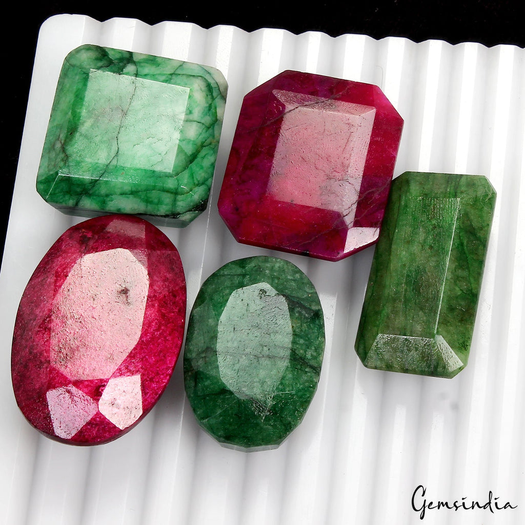 580 Ct Natural Green Emerald & Red Ruby Mix Cut Loose Huge Gemstones 30-43mm Lot