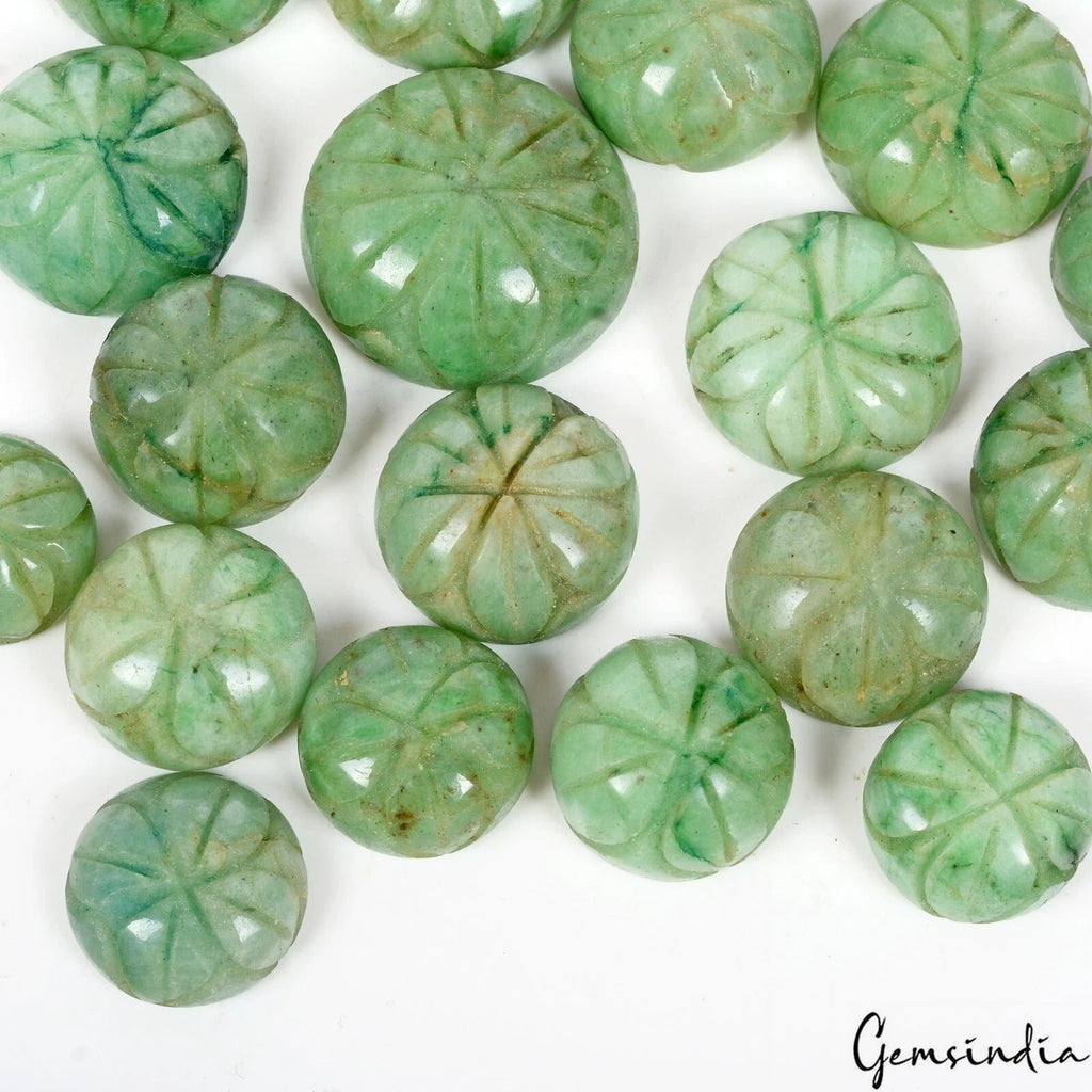550 Ct Natural Green Emerald Loose Floral Round Carved Gemstone Lot For Jewelry
