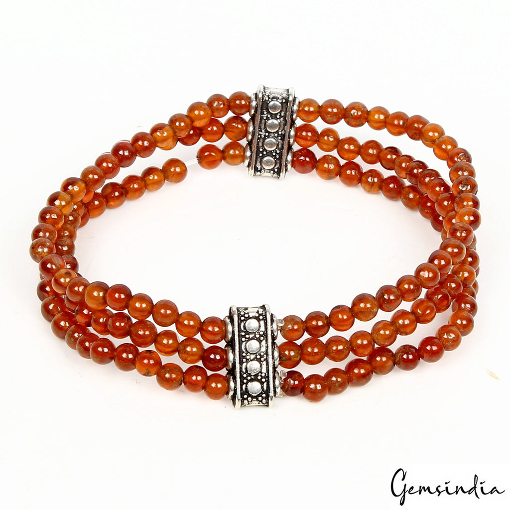 Hessonite Garnet Rondelle Cab Gemstone Beads Stretchable 3 Strand Bracelet 6.5"