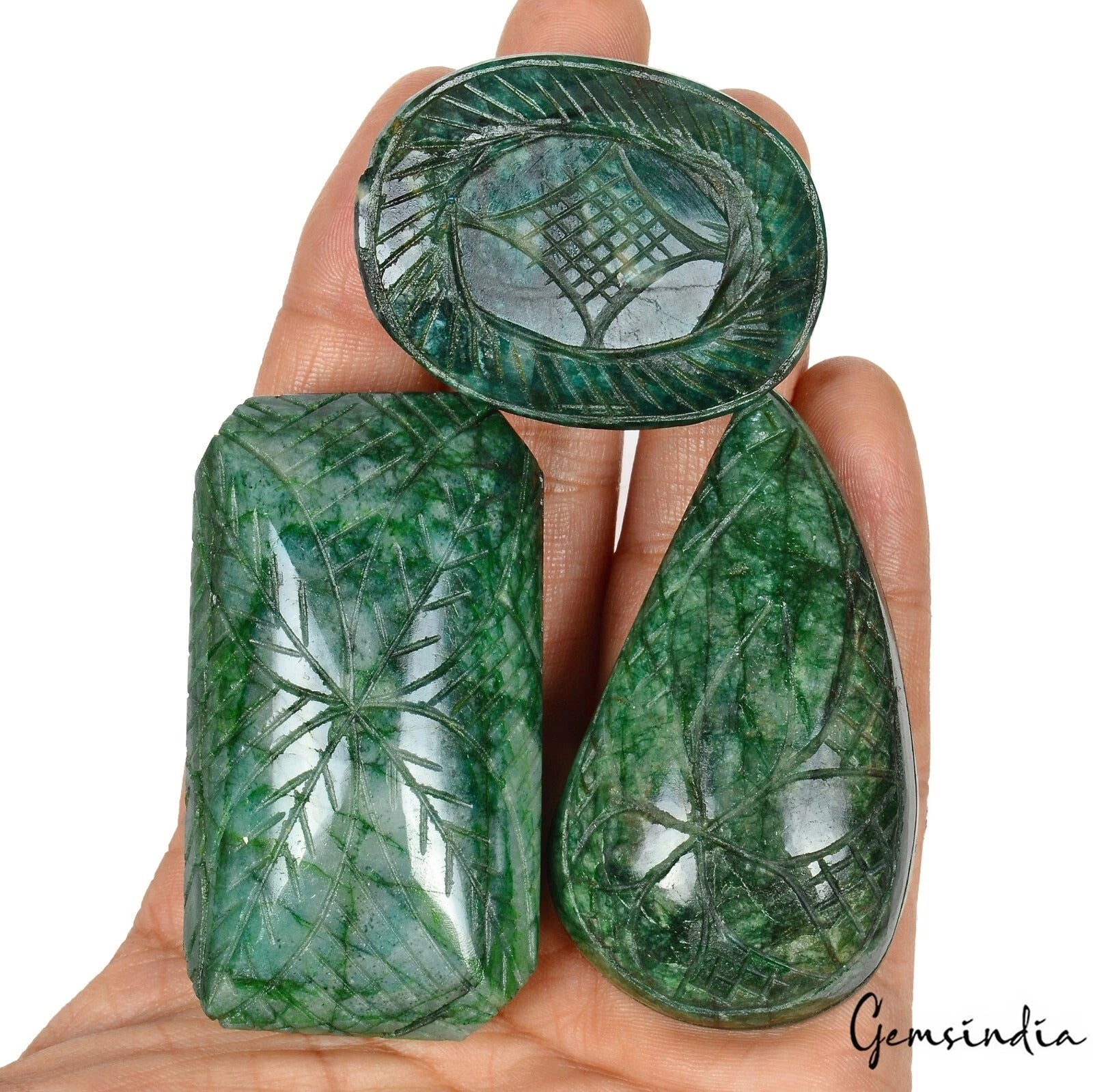 1050 Ct/3Pcs Natural Brazilian Green Emerald Mix Cut Both Side Carved Loose Gems