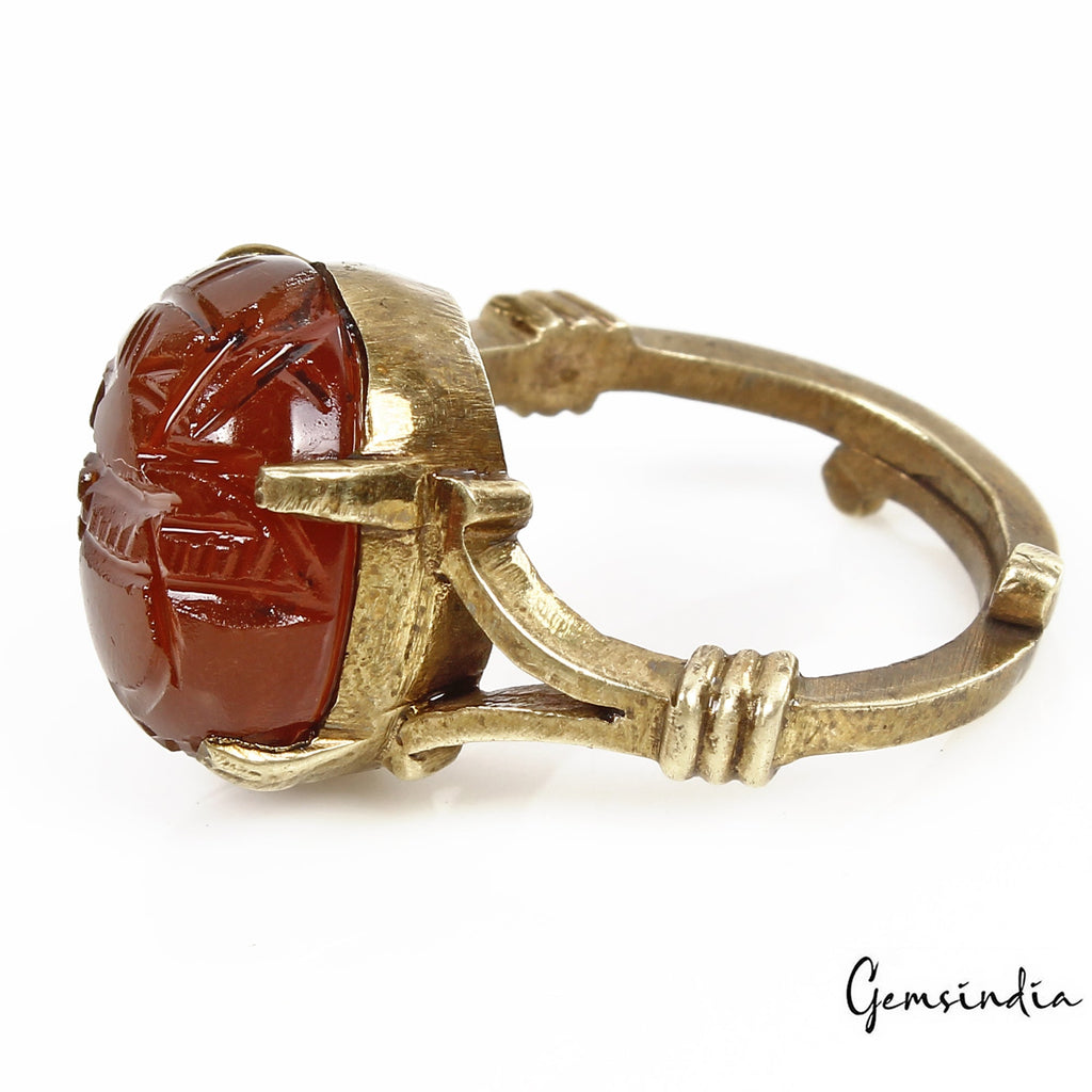 5.30 gm Orange Onyx Carved Ganesha Gem Ashtadhatu Astrological Adjustable Ring