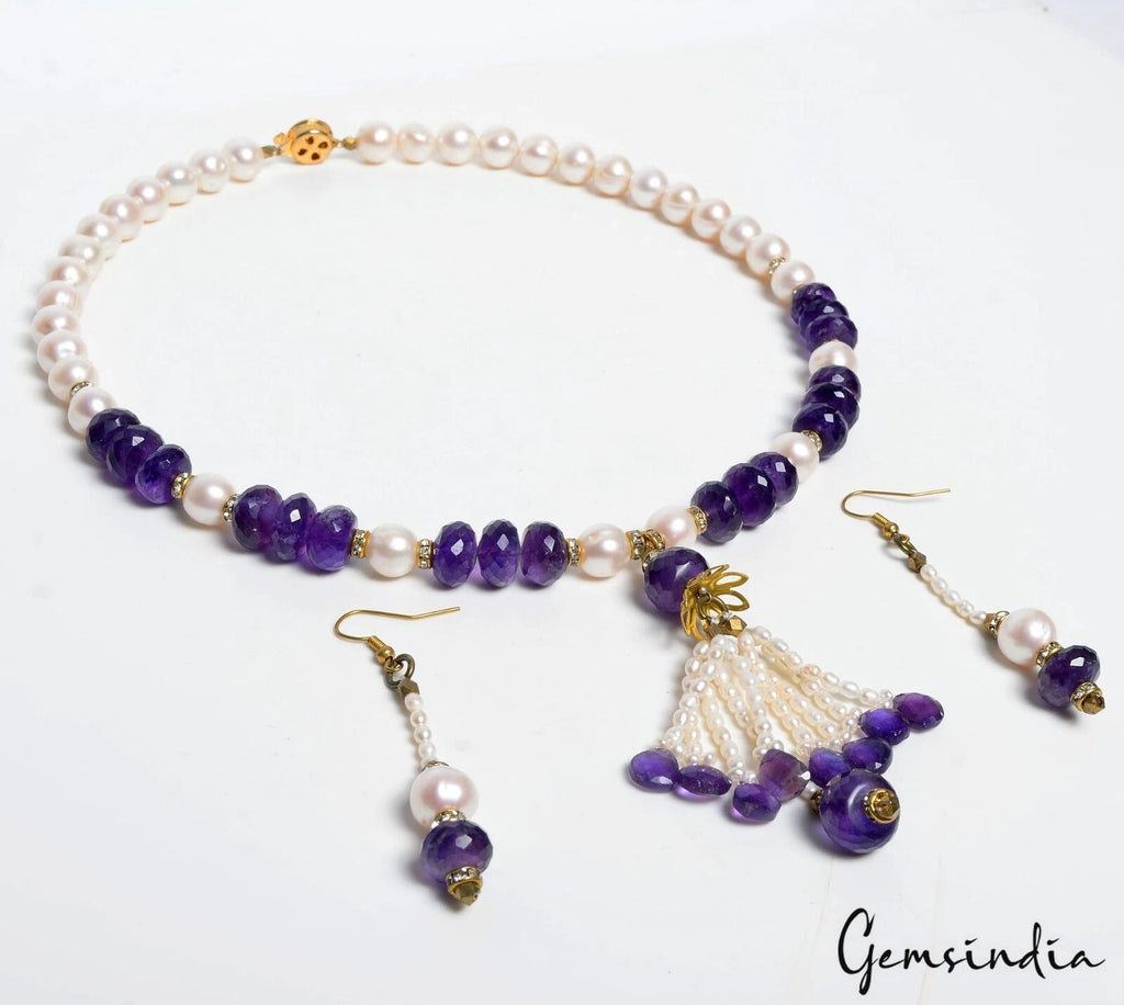 20" Natural Amethyst Pearl Beaded Handmade Designer Necklace/ Ear-rings Jewelry