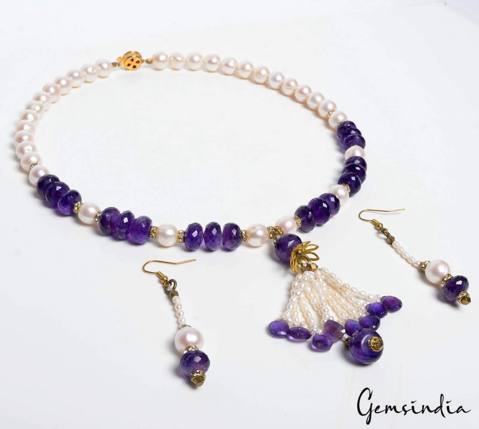 20" Natural Amethyst Pearl Beaded Handmade Designer Necklace/ Ear-rings Jewelry