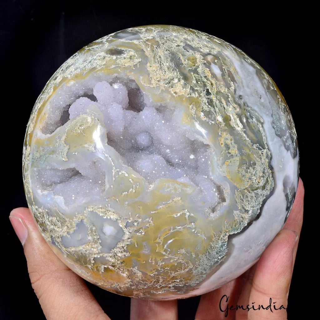1740 gram Natural Moss Agate Druzy Crystal Sphere Display Healing Decor 4.5 Inch