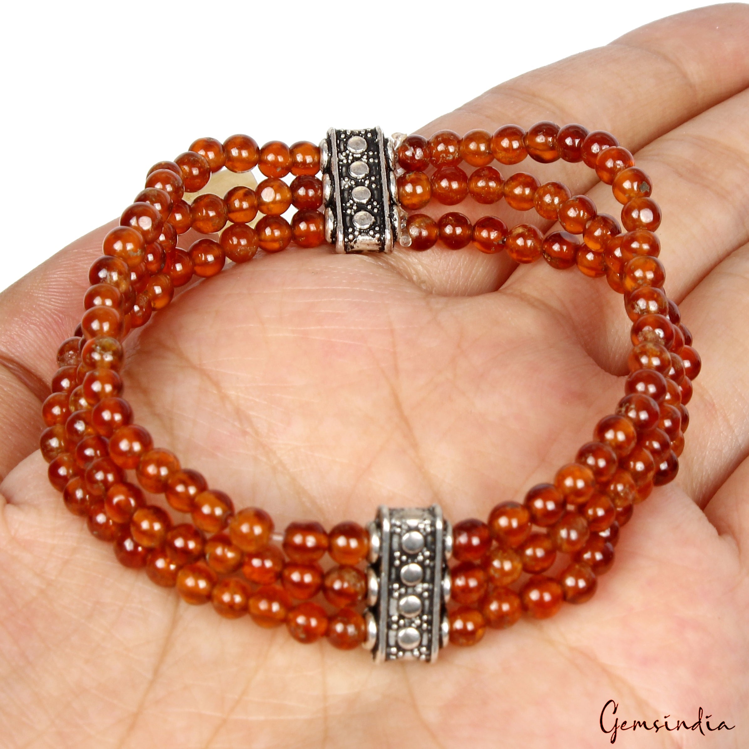 Hessonite Garnet Rondelle Cab Gemstone Beads Stretchable 3 Strand Bracelet 6.5"