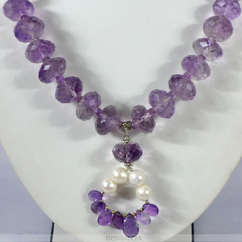 700 Cts Natural Purple Amethyst White Pearl Beaded Designer Handmade Jewelry Set