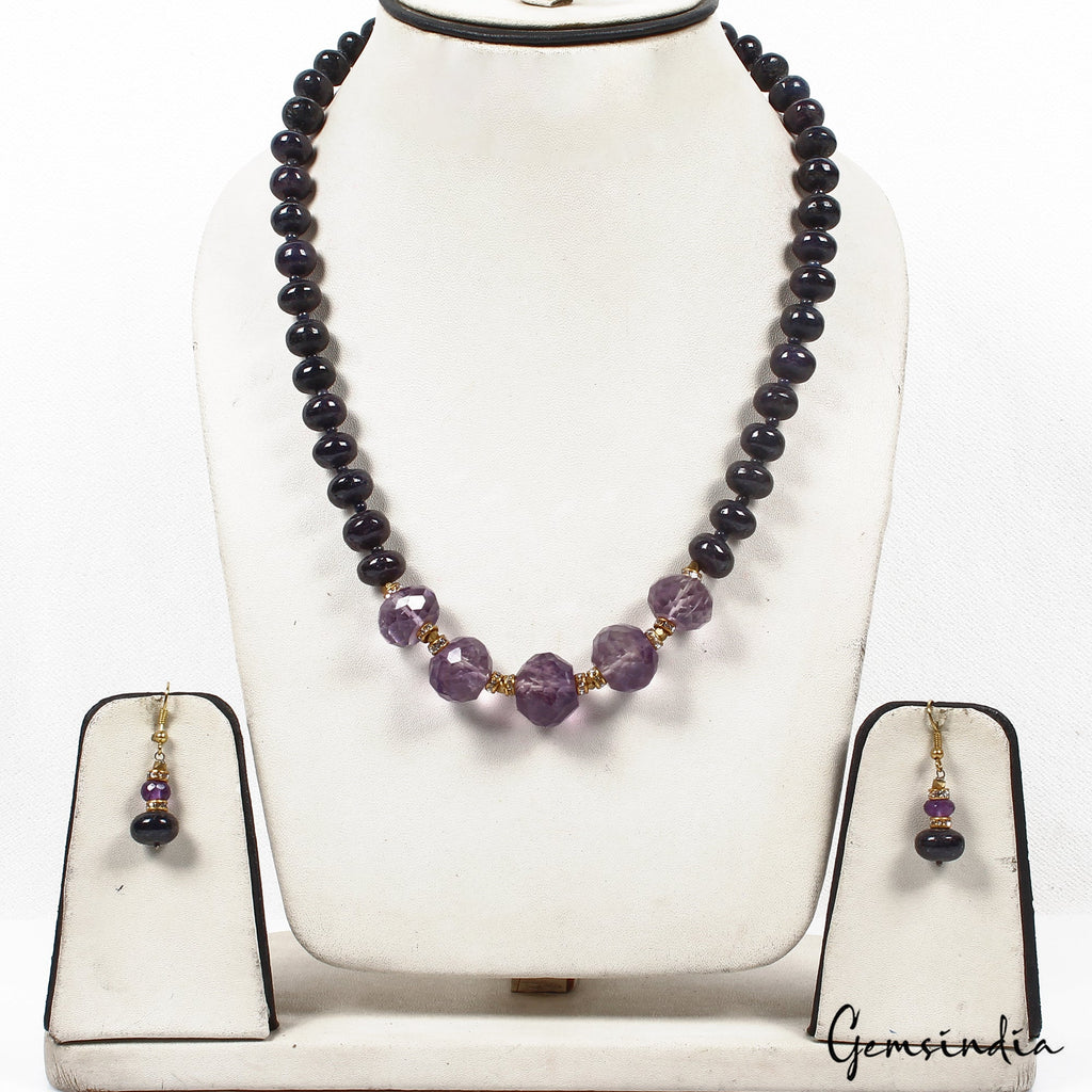 561.30 Ct Natural Blue Sapphire Purple Amethyst Cab Beaded Handmade Jewelry Set