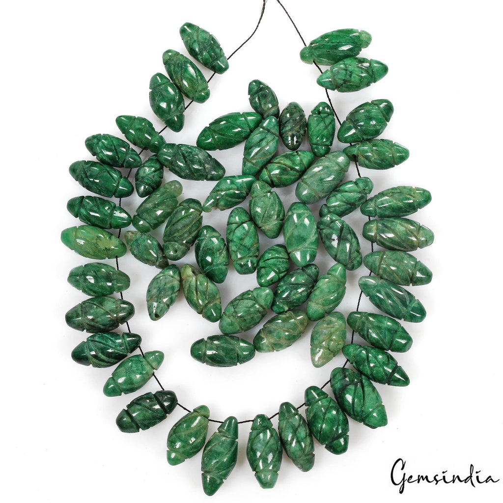 590 Cts/57 Pcs Natural Green Emerald Gem Drum Shape Carved Drill Bead/Briolettes