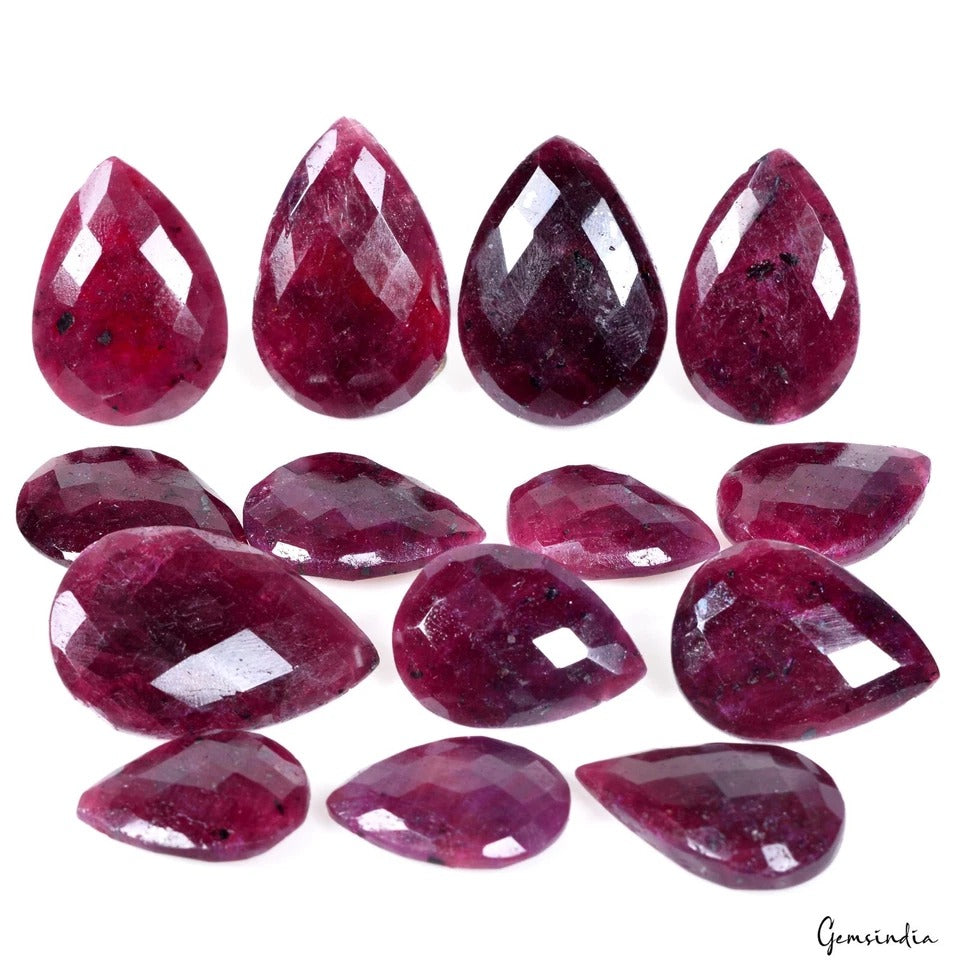 680 Ct/14 Pc Natural Red Ruby Almond Checker cut Drilled Beads/Briolettes~2-35mm