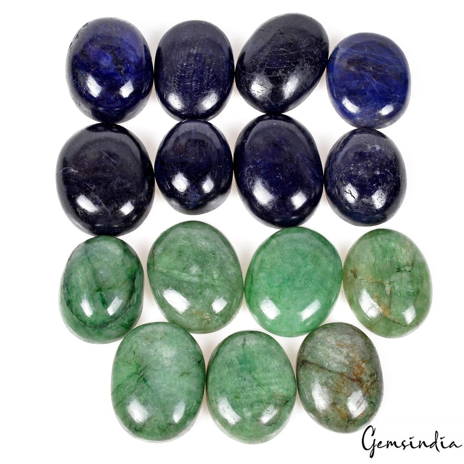 350 Ct/15Pcs Natural Green Emerald Blue Sapphire Oval Cab Loose Gems For Jewelry