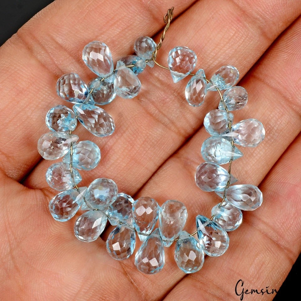 31 Pcs Natural London Blue Topaz 7mm-9mm Loose Pear Drop Faceted Bead/Briolettes