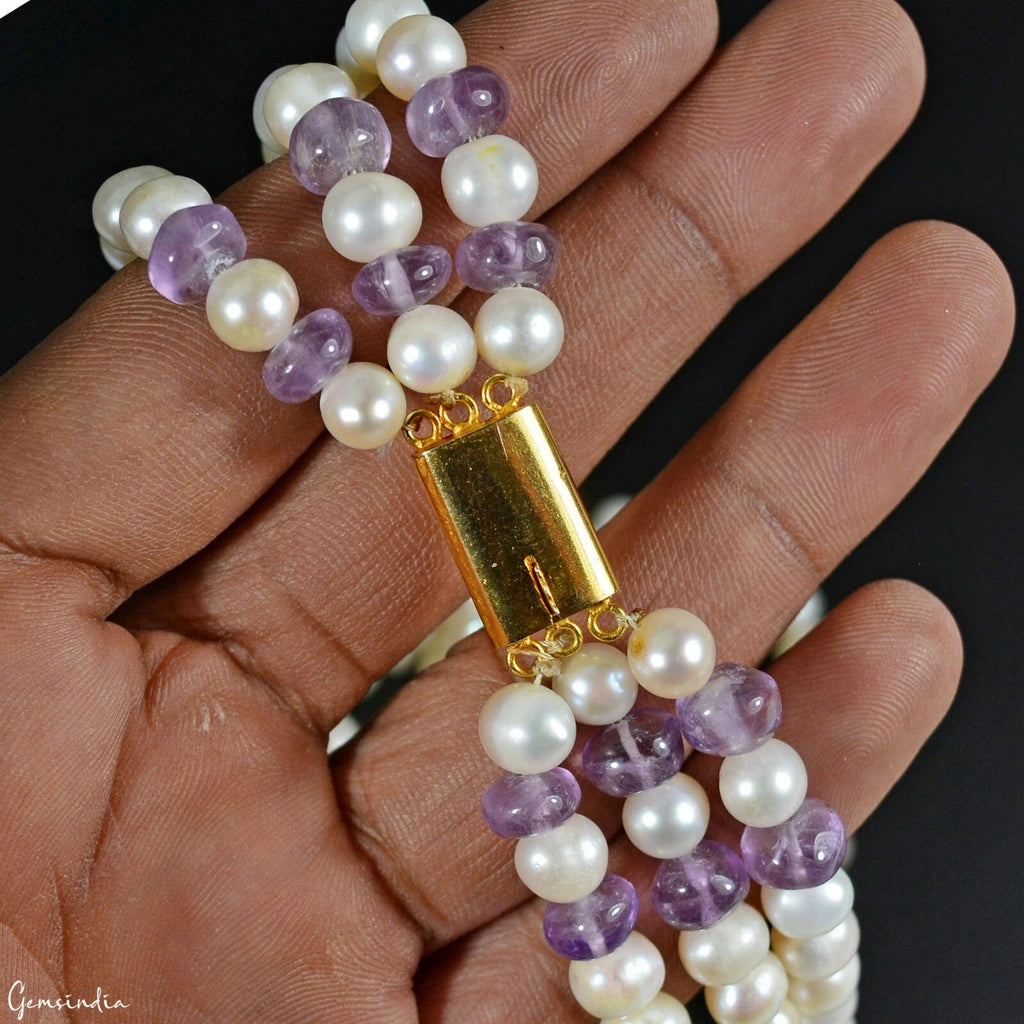 Genuine 680. 50Ct Freshwater Pearl & Amethyst 3 Strand Necklace Bracelet Jewelry
