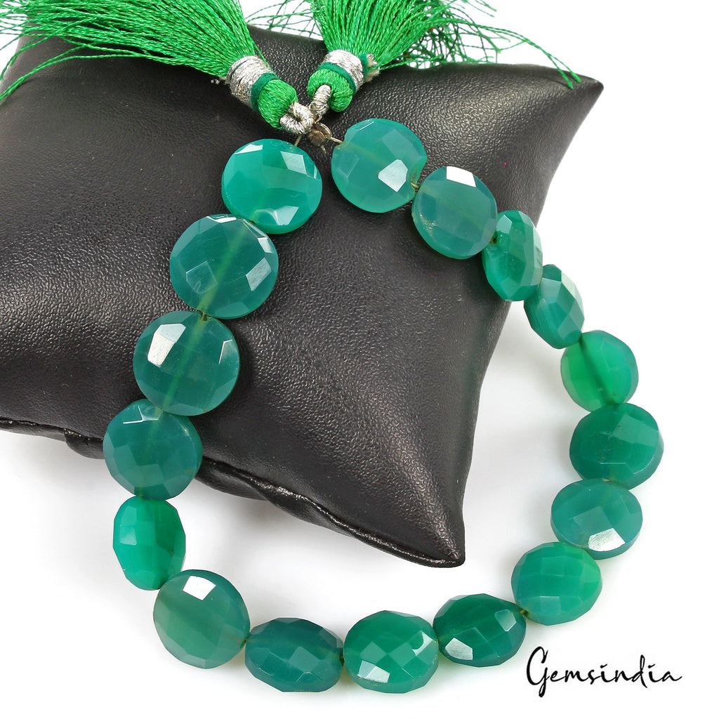 102.40 Ct/17 Pcs Natural Cool Green Onyx Round Checker Cut Drill Bead Strand-8"