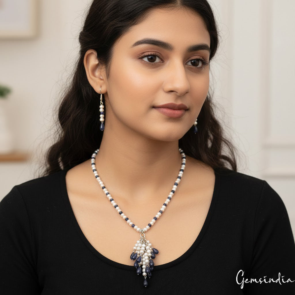 225 Ct Natural Freshwater Pearl Blue Sapphire Bead Handmade Designer Jewelry Set