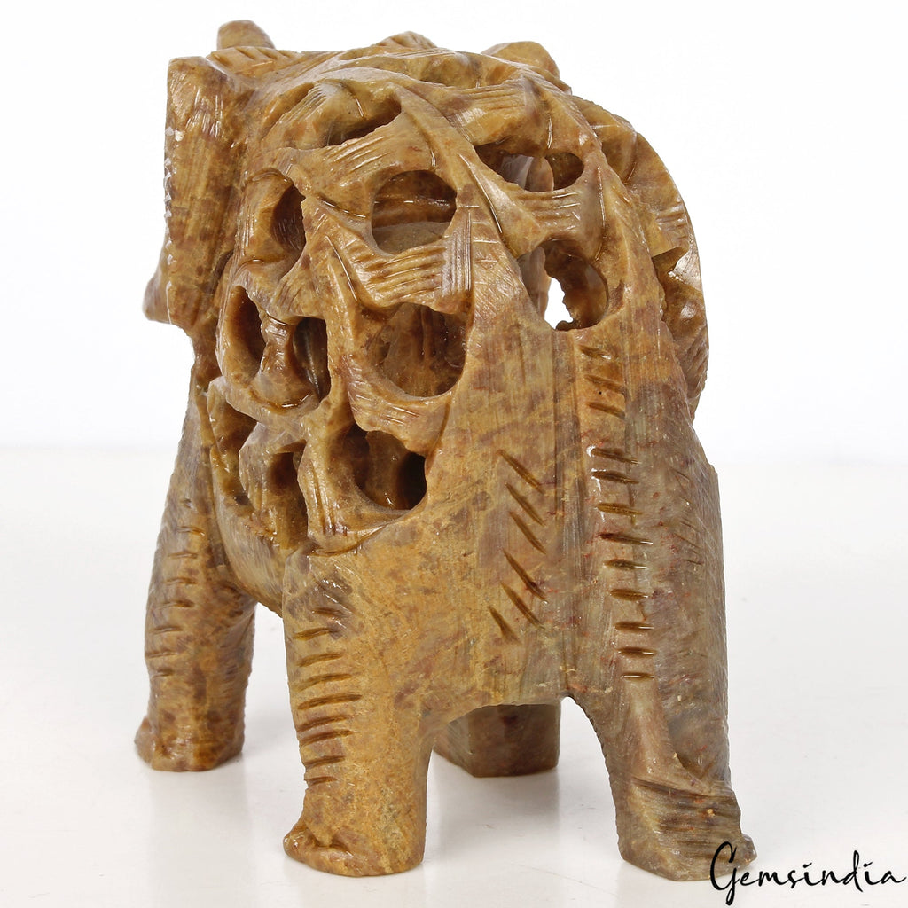 Hand Carved Elephant with Baby Inside Double Elephant Soapstone Figure ~ 1140 Ct