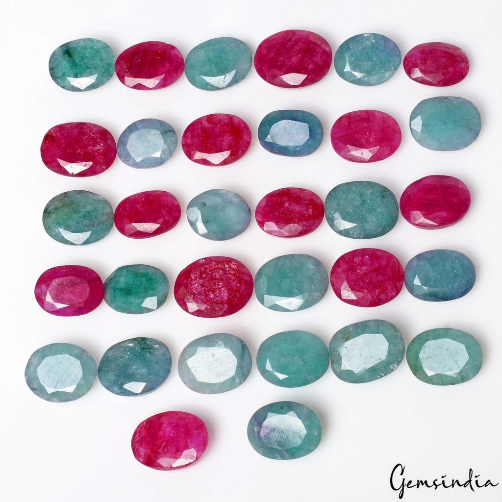 300 Cts/28 Pcs Natural Pink Beryl/Green Emerald Oval Cut Loose Gems For Jewelry