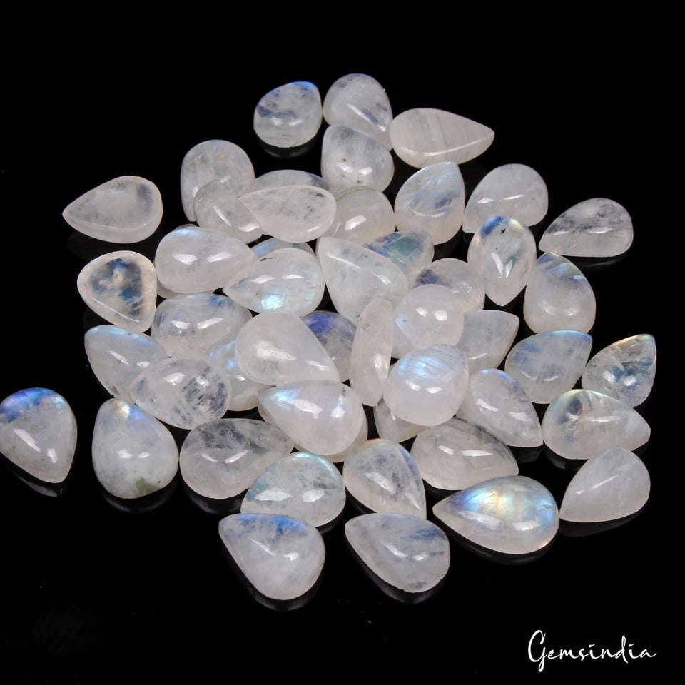 50 Pcs Natural Rainbow Moonstone 9-11mm Pear Blue Shines Cabochon Gemstones Lot