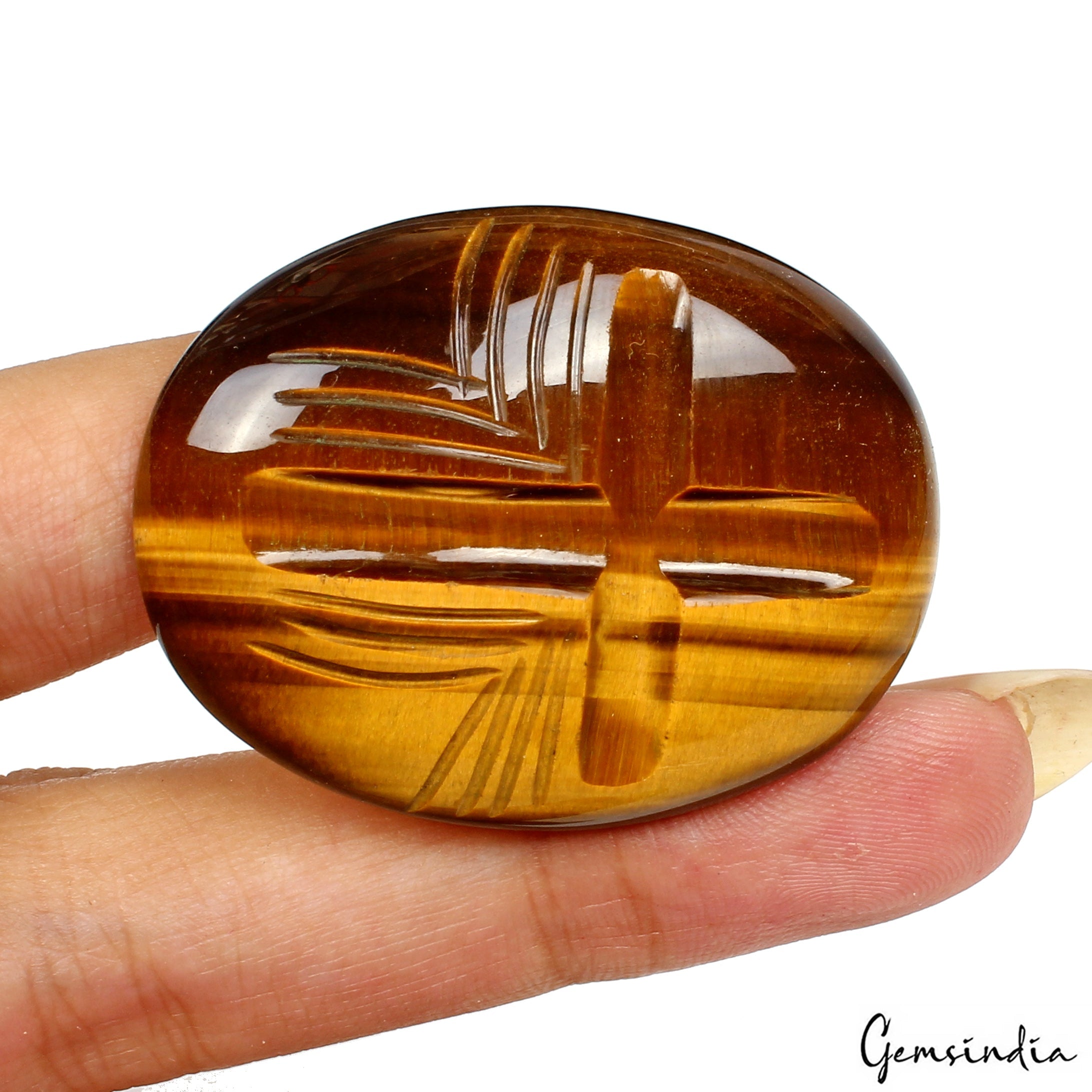 Natural Yellow Brown Tiger Eye Oval Cut Carving 74.70 Ct Loose Gems For Jewelry