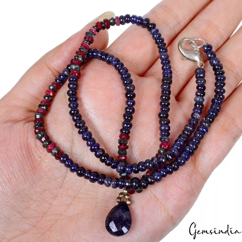 105.60Ct Natural Multi Color Emerald Ruby Sapphire Handmade Single Line Necklace