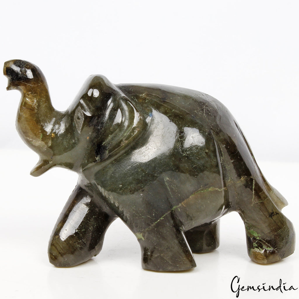 500 Ct Natural Labradorite Carved Elephant Trunk Up Gemstone Animal Statue Decor