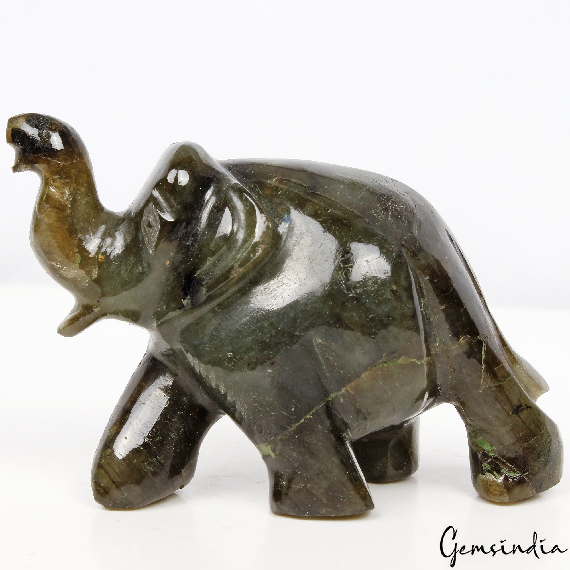 500 Ct Natural Labradorite Carved Elephant Trunk Up Gemstone Animal Statue Decor