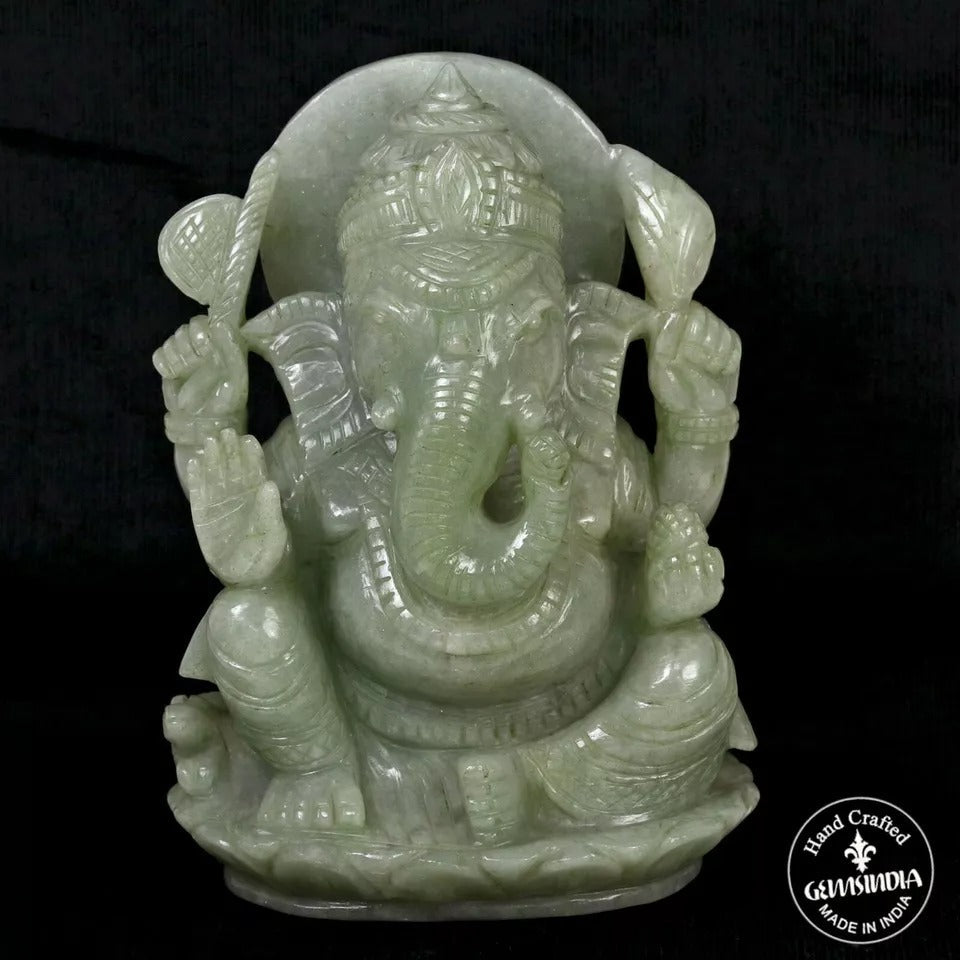 8 Inch Statue Idol Ganesha Figurine Green Aventurine(Indian Jade) Stone Handmade