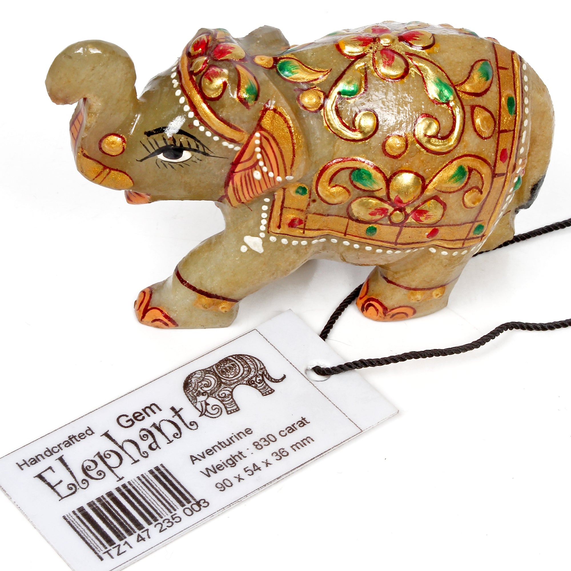 830 Ct Hand Crafted Gold Painted Trunk Up Elephant Natural Aventurine Sculpture