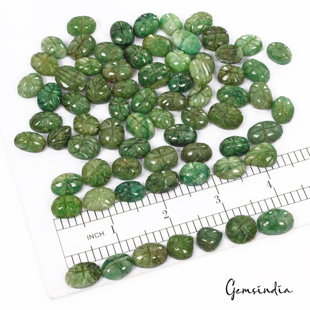 600 Cts/71 Pcs Natural Green Emerald Oval Hand Carved Loose Gems Lot For Jewelry