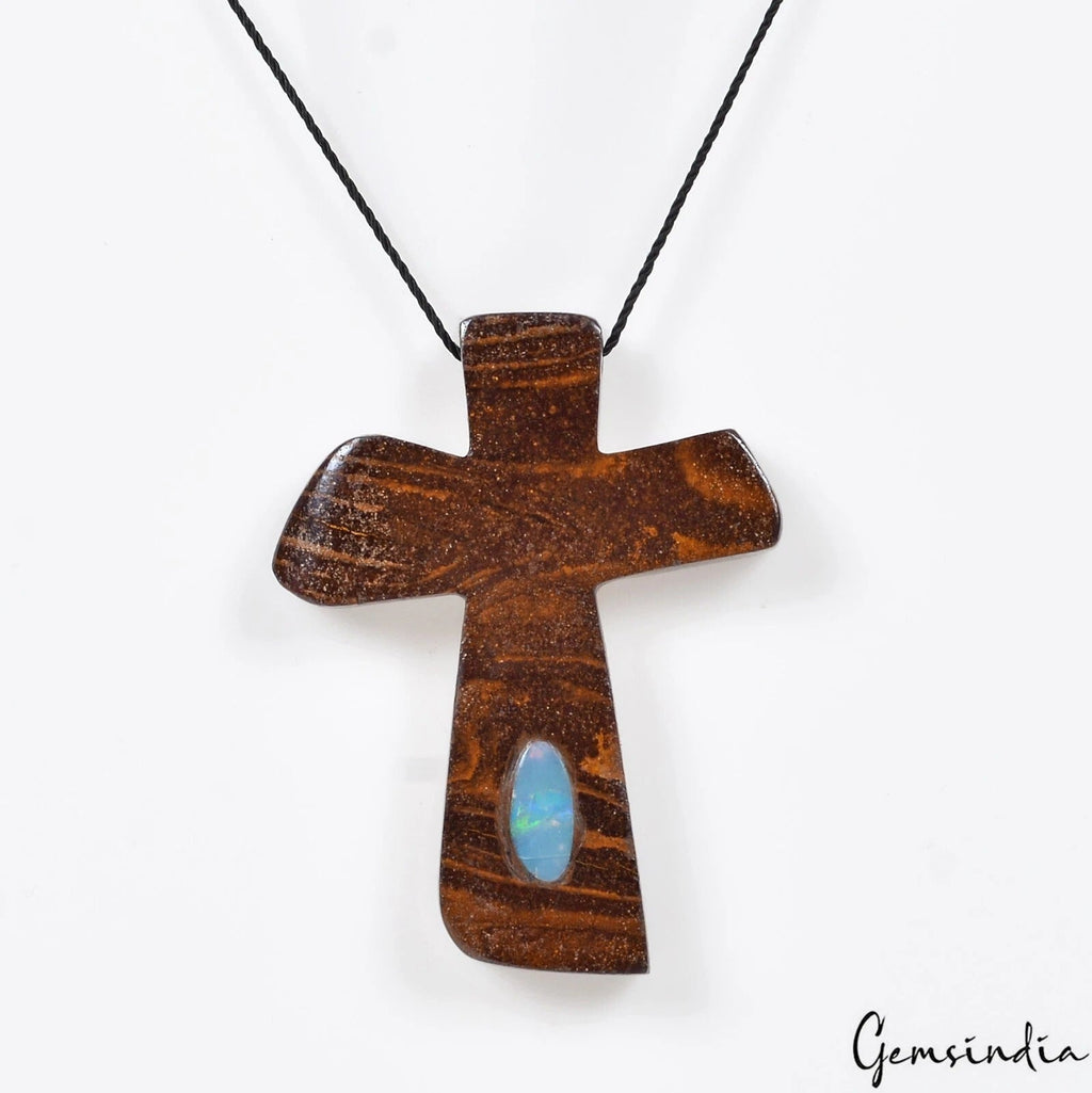 210 Ct Inlay Boulder Opal in Marium Jasper Gemstone Cross Christmas rare pendant