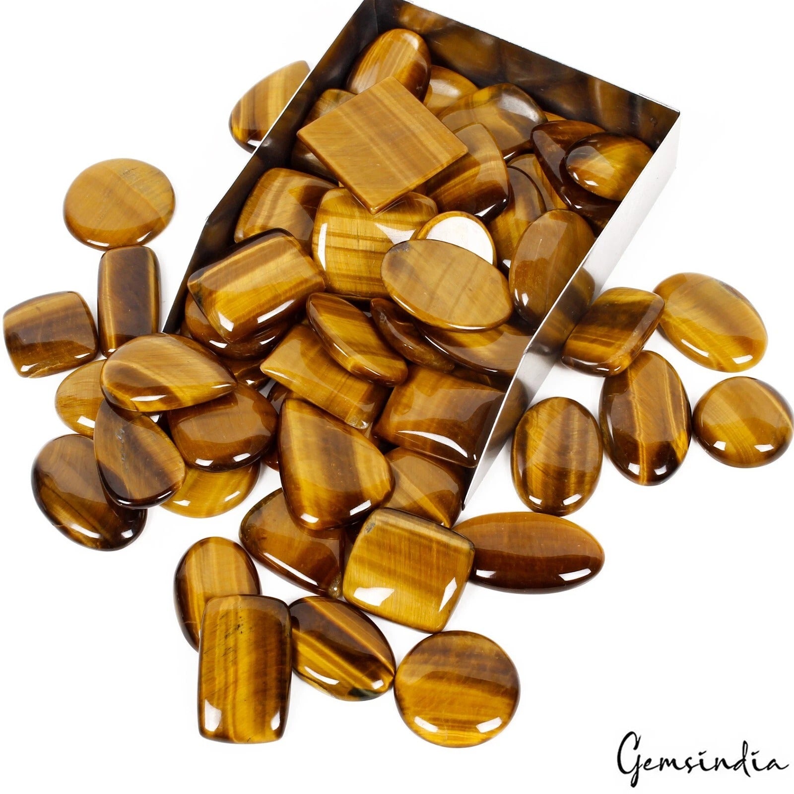 Tiger Eye Lot, Cabochon, Oval, Pear, Cushion & Round Cabochon, Untreated — 59 Pieces, 23mm to 36mm, 2270 Ct, Madagascar