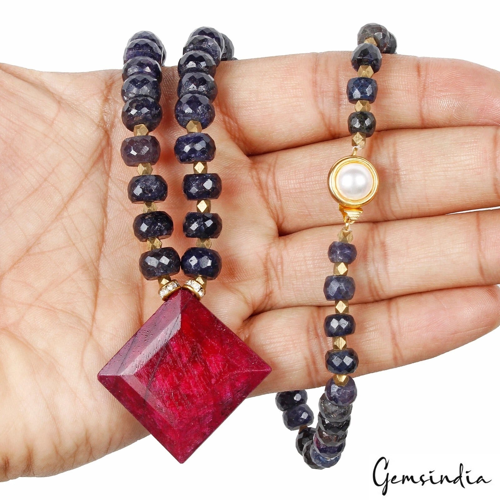 450 Cts Natural Blue Sapphire Round Beaded Handmade 20" Necklace W Ruby Pendant