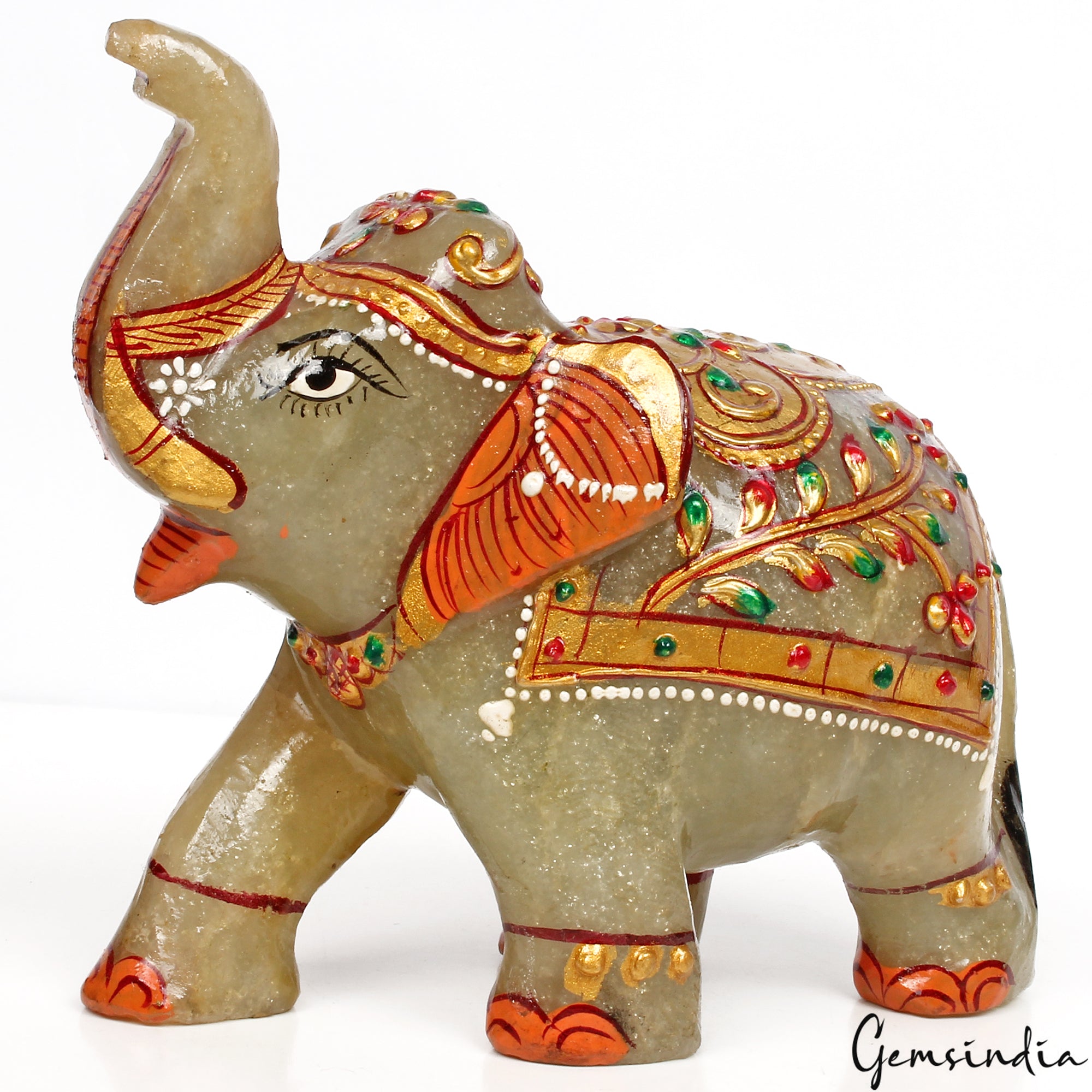 3330 Cts Natural Aventurine Gold Painted Trunk Up Elephant Home Decor/ Sculpture