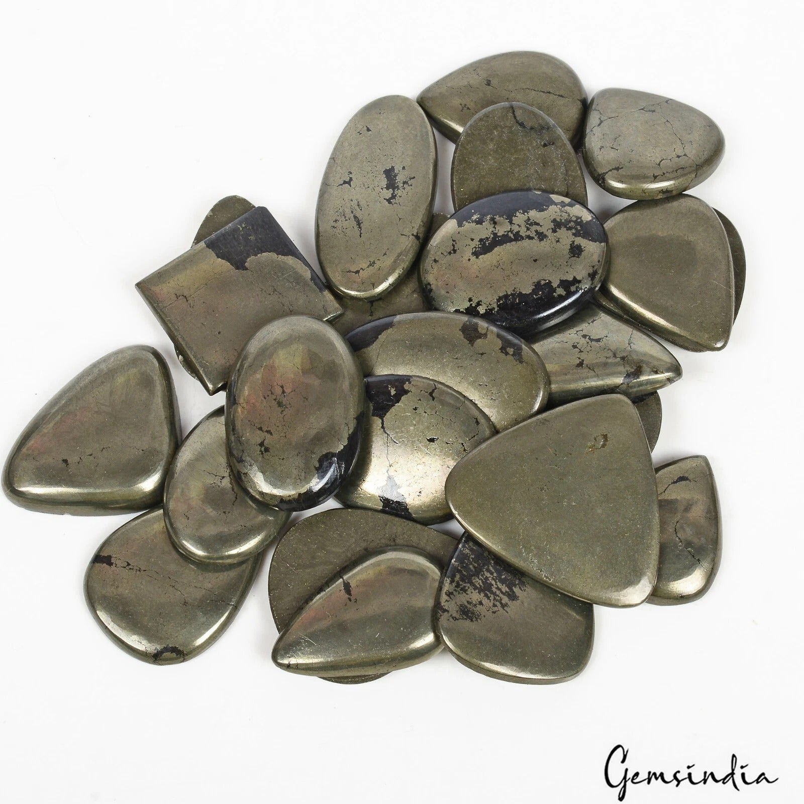 Pyrite Lot, Cabochon, Oval Pear Square Fancy Cabochon, Untreated — 23 Pieces, 25mm to 40mm, 1000 Ct